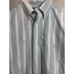 Ralph Lauren Mens Green White Yarmouth Button Down Dress Shirt Preppy Size 16 32